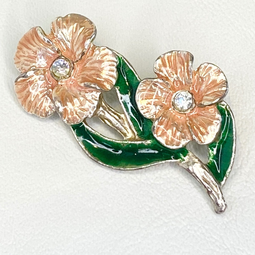 Vintage Peach Enamel Flower Brooch‎ Pot Metal Rhinestone Floral Pin Green Leaf